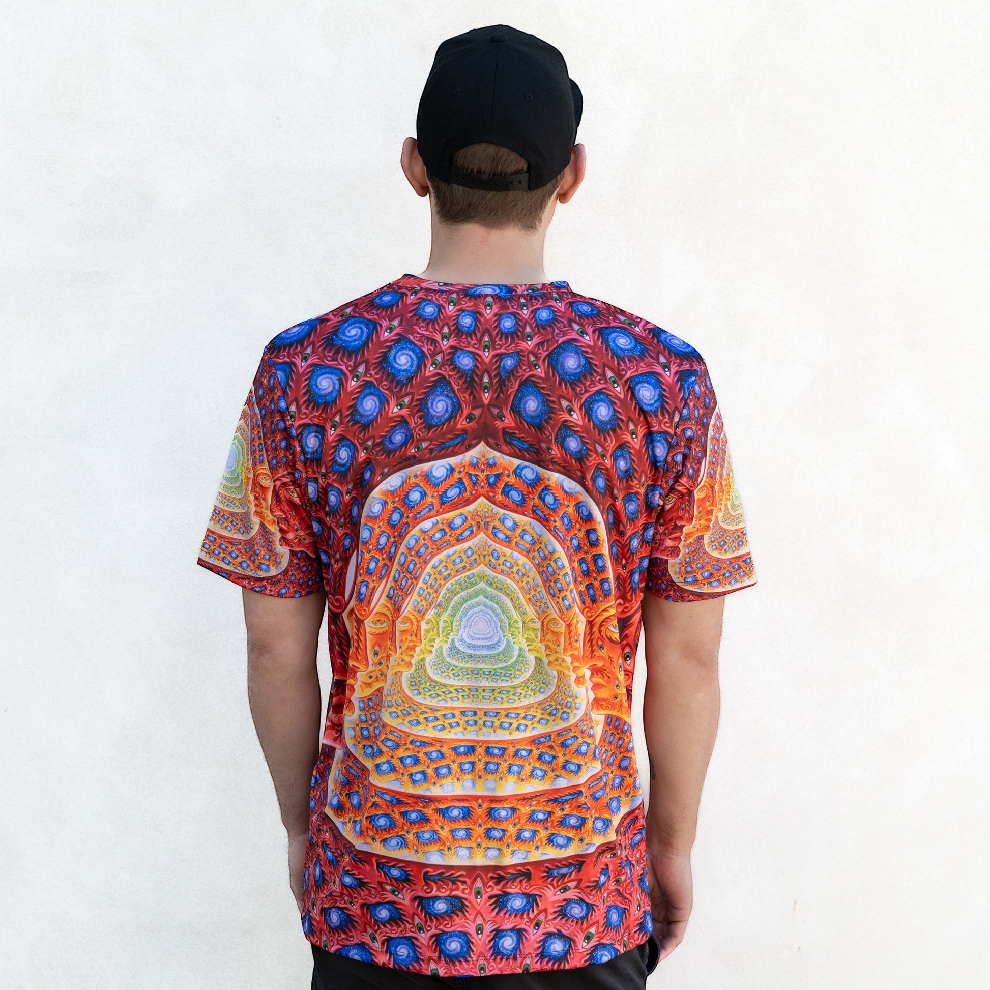CoSM Shop men's red, blue, and yellow dye-sublimation polyester t-shirt with all-over psychedelic fractal print.