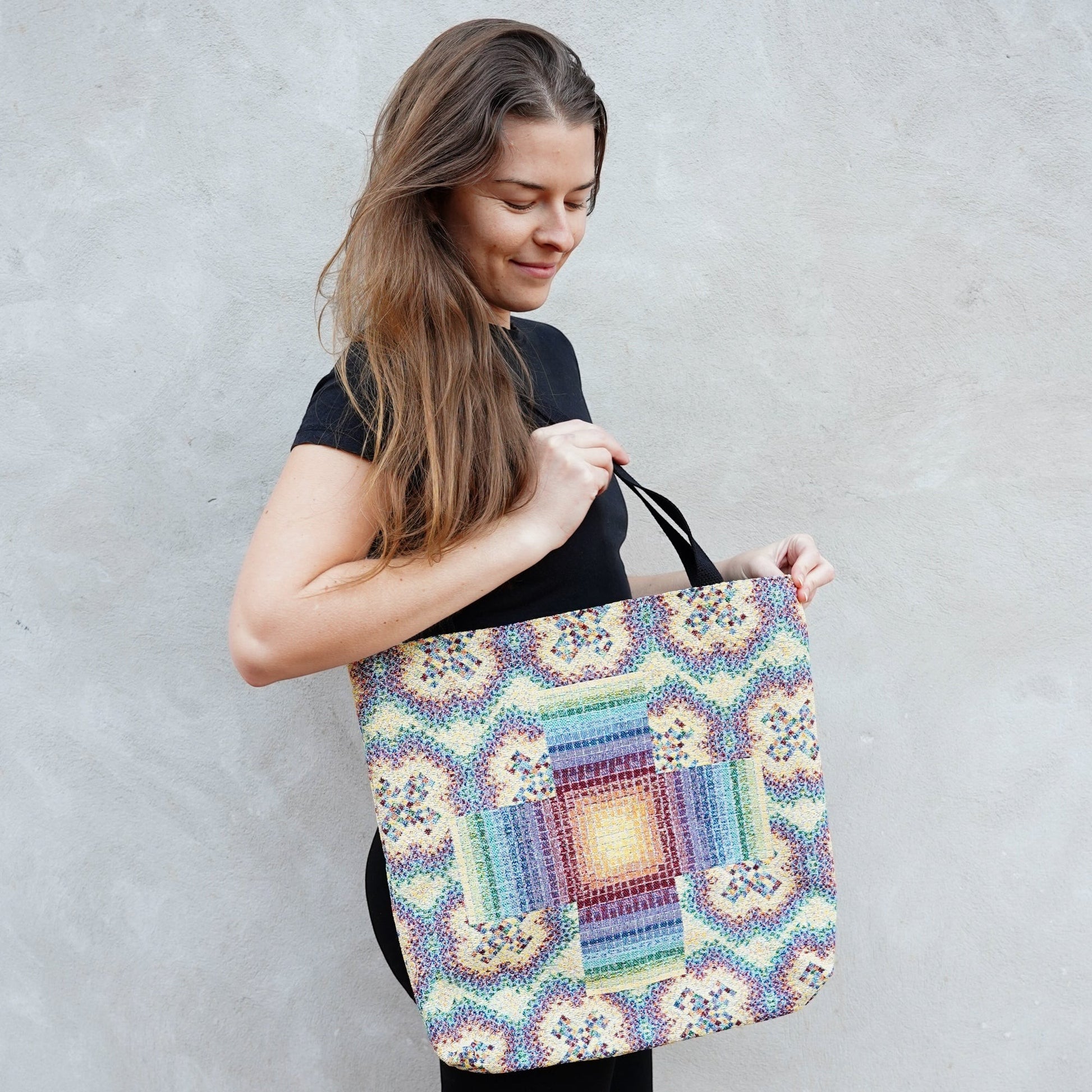 CoSM Shop Rainbow Cross woven tote bag with colorful geometric tapestry design on 100% cotton.