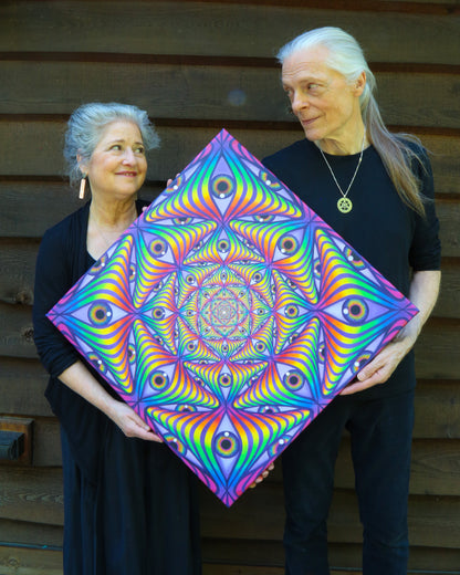 CoSM Shop Rainbow Eye Ripple canvas print featuring a psychedelic fractal pattern of eyes in vibrant rainbow colors, 24x24 inches.