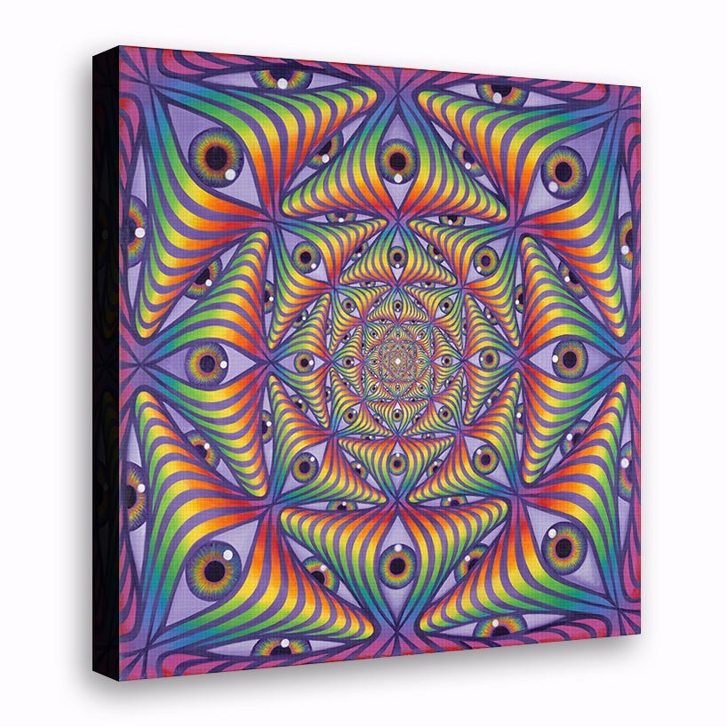 CoSM Shop Rainbow Eye Ripple canvas print featuring a psychedelic, kaleidoscopic pattern of eyes in rainbow colors on a purple background.