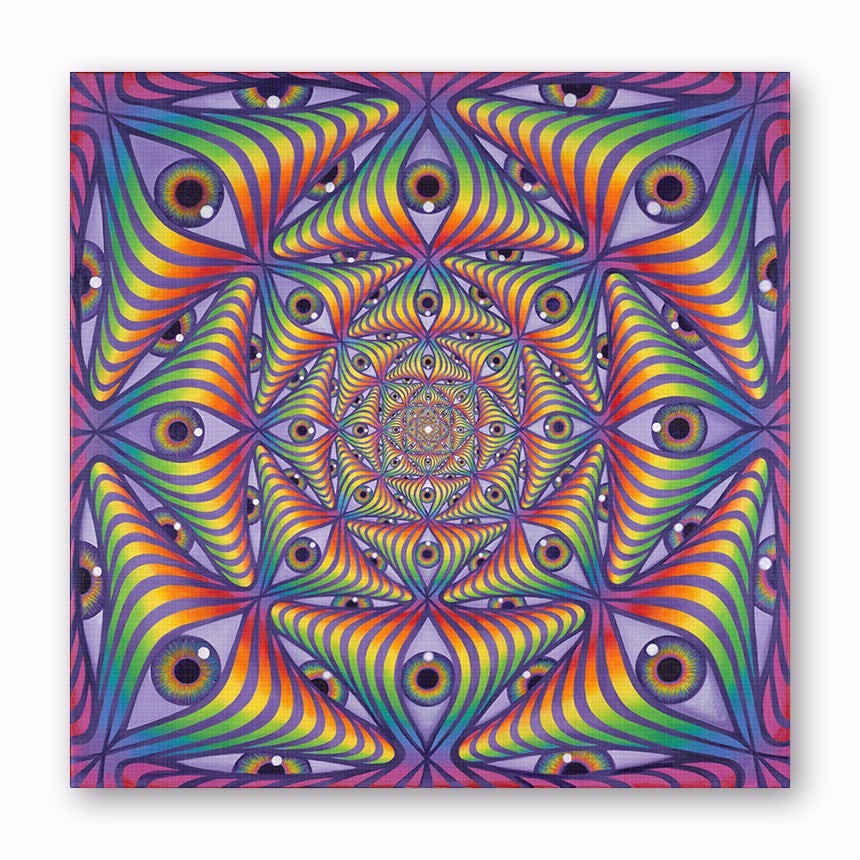 CoSM Shop Rainbow Eye Ripple canvas print featuring a psychedelic pattern of eyes in rainbow colors on a purple background.