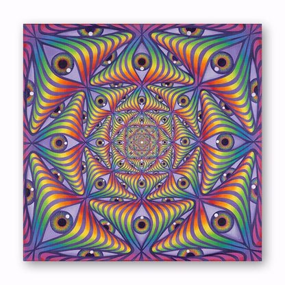 CoSM Shop Rainbow Eye Ripple canvas print featuring a psychedelic pattern of eyes in rainbow colors on a purple background.