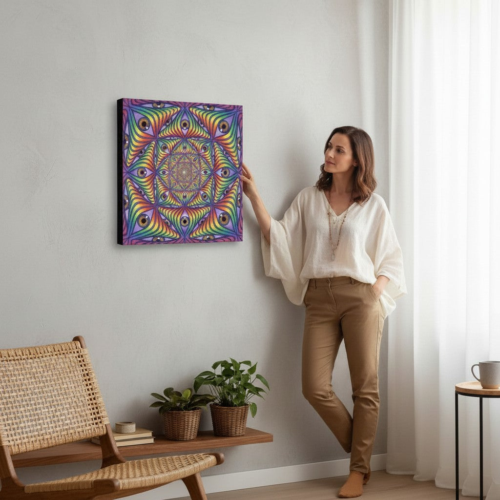 CoSM Shop Rainbow Eye Ripple canvas print, a psychedelic mandala design with multiple eyes in vibrant rainbow colors, 24x24 inches.
