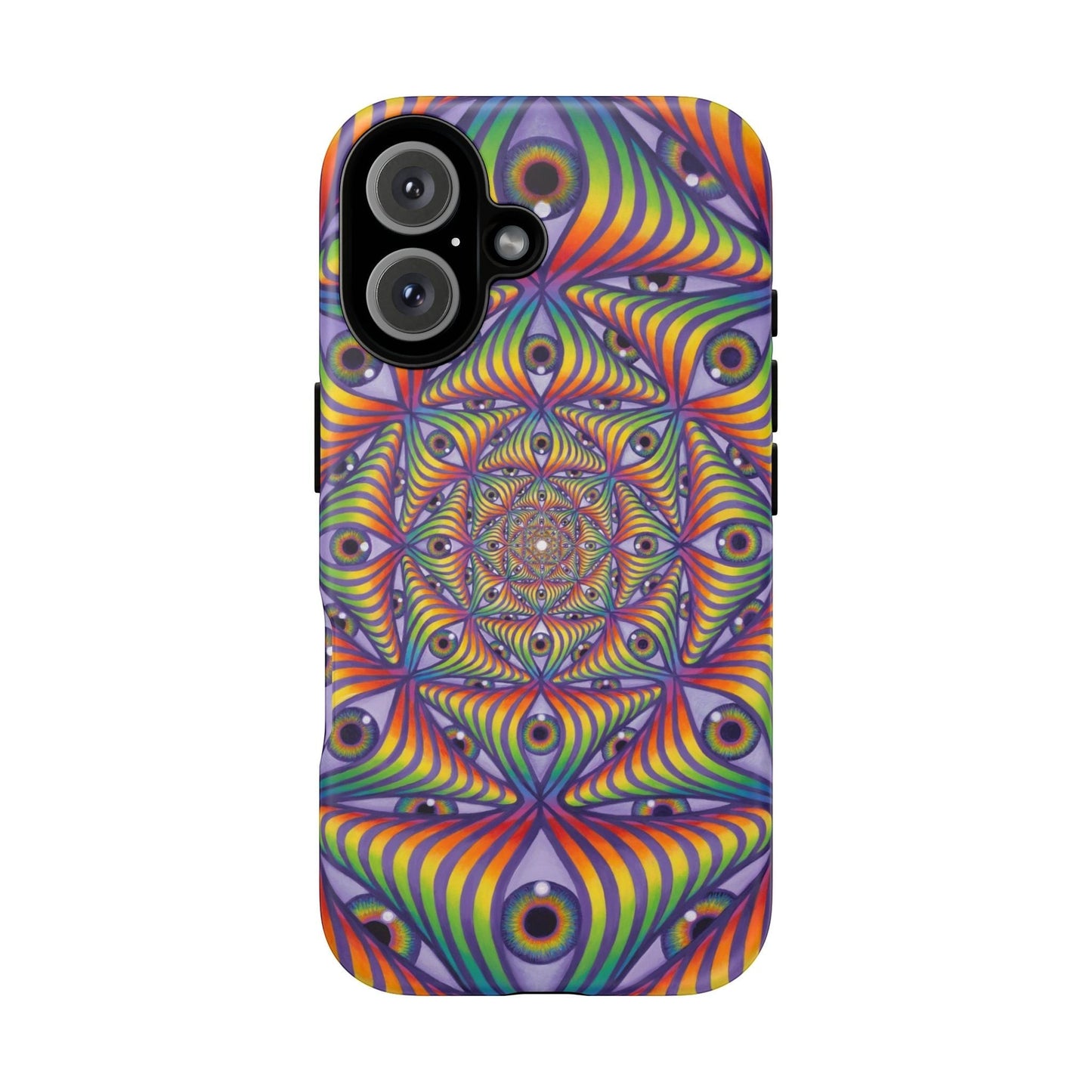 CoSM Shop Rainbow Eye Ripple phone case with dual-layer protection and vibrant psychedelic eye pattern.