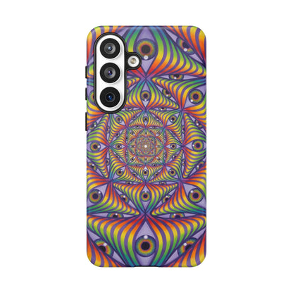 CoSM Shop Rainbow Eye Ripple phone case with dual-layer protection and vibrant psychedelic eye design.
