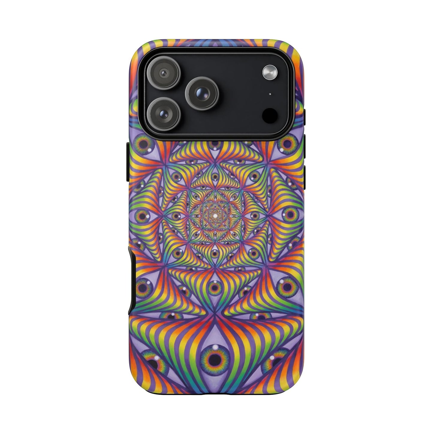 CoSM Shop Rainbow Eye Ripple phone case with dual-layer protection and vibrant psychedelic eye pattern.