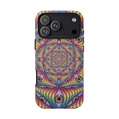 CoSM Shop Rainbow Eye Ripple phone case with dual-layer protection and vibrant psychedelic eye pattern.