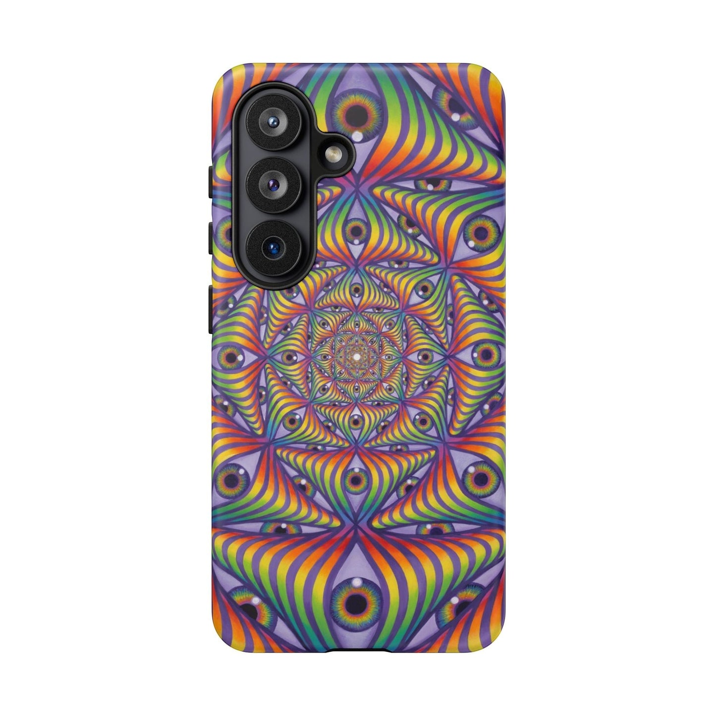 CoSM Shop Rainbow Eye Ripple phone case with dual-layer protection and vibrant psychedelic eye pattern.