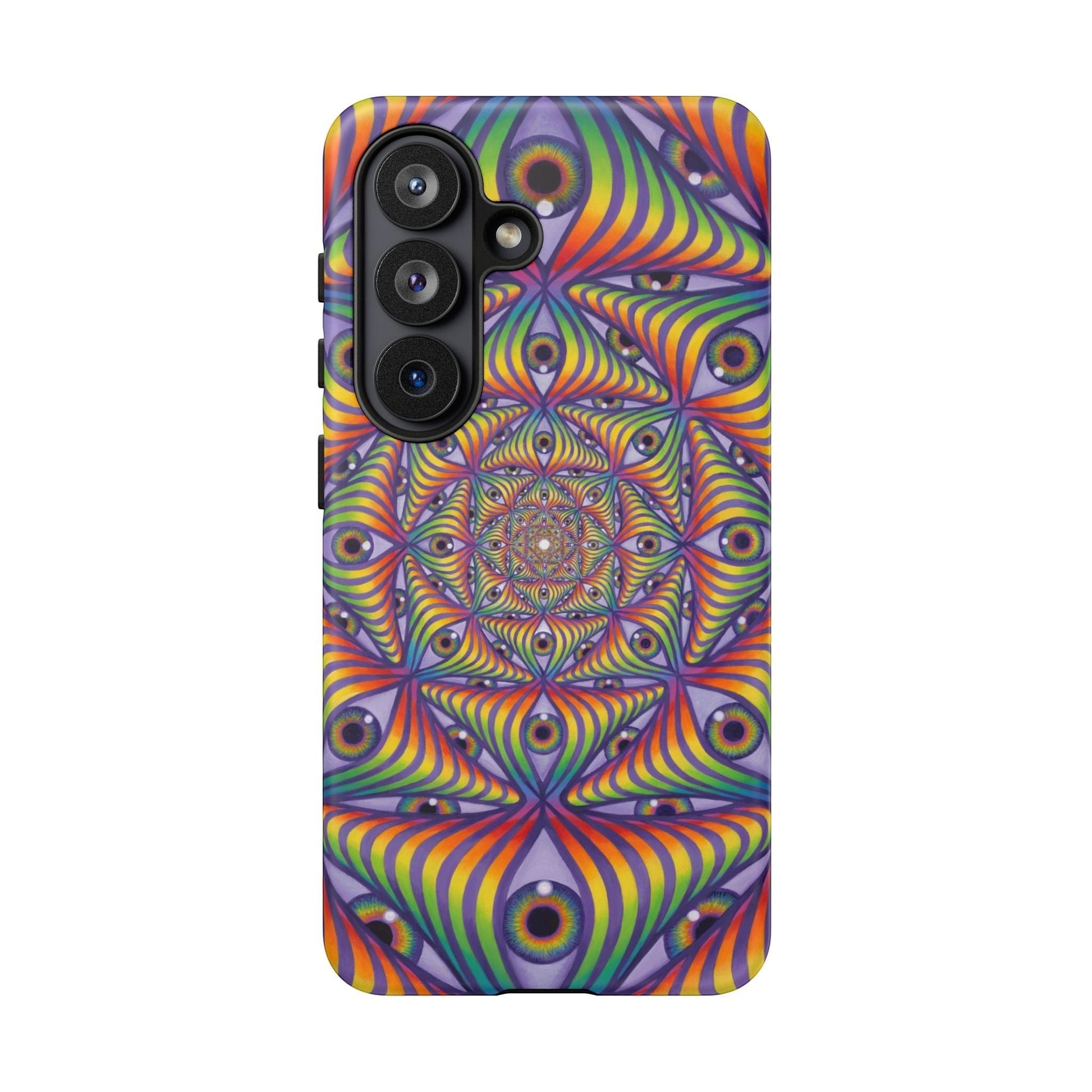 CoSM Shop Rainbow Eye Ripple phone case with dual-layer protection and vibrant psychedelic eye pattern.
