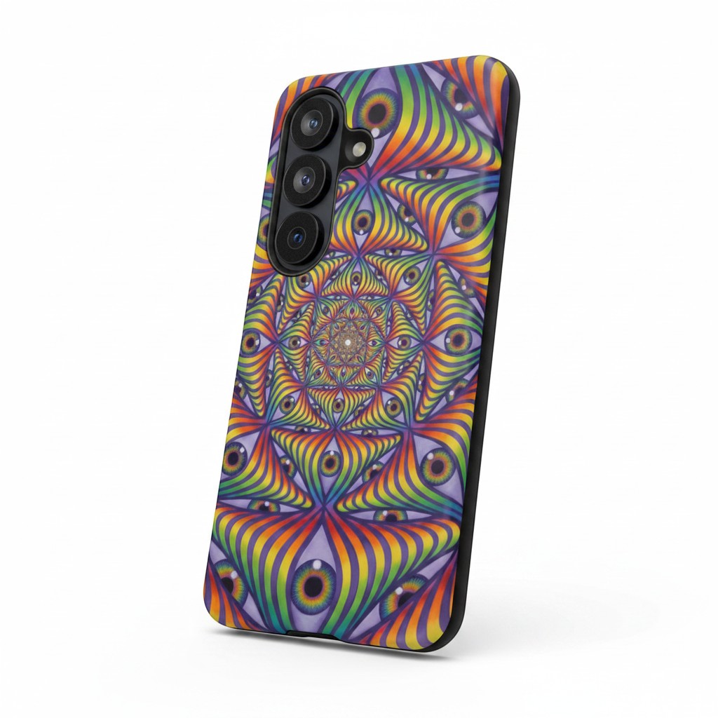 CoSM Shop Rainbow Eye Ripple phone case with dual-layer protection and vibrant psychedelic eye pattern. Fits iPhone & Samsung.