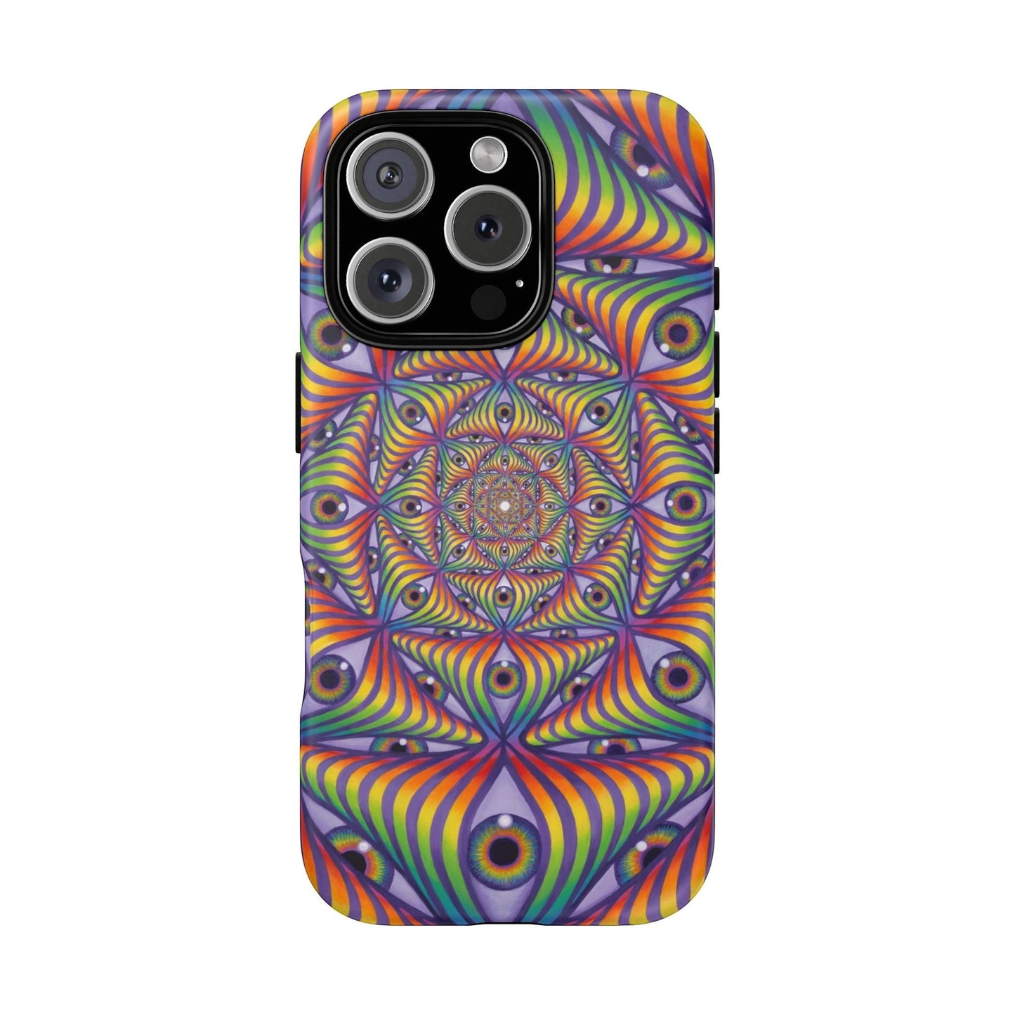 CoSM Shop Rainbow Eye Ripple phone case with dual-layer protection and vibrant psychedelic eye pattern.