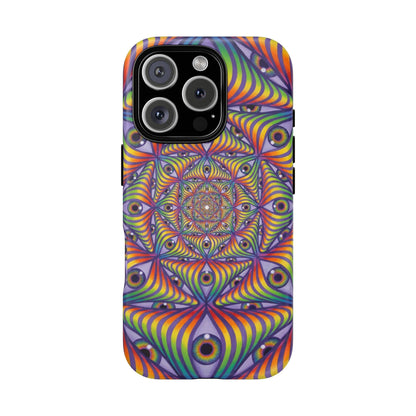 CoSM Shop Rainbow Eye Ripple phone case with dual-layer protection and vibrant psychedelic eye pattern.