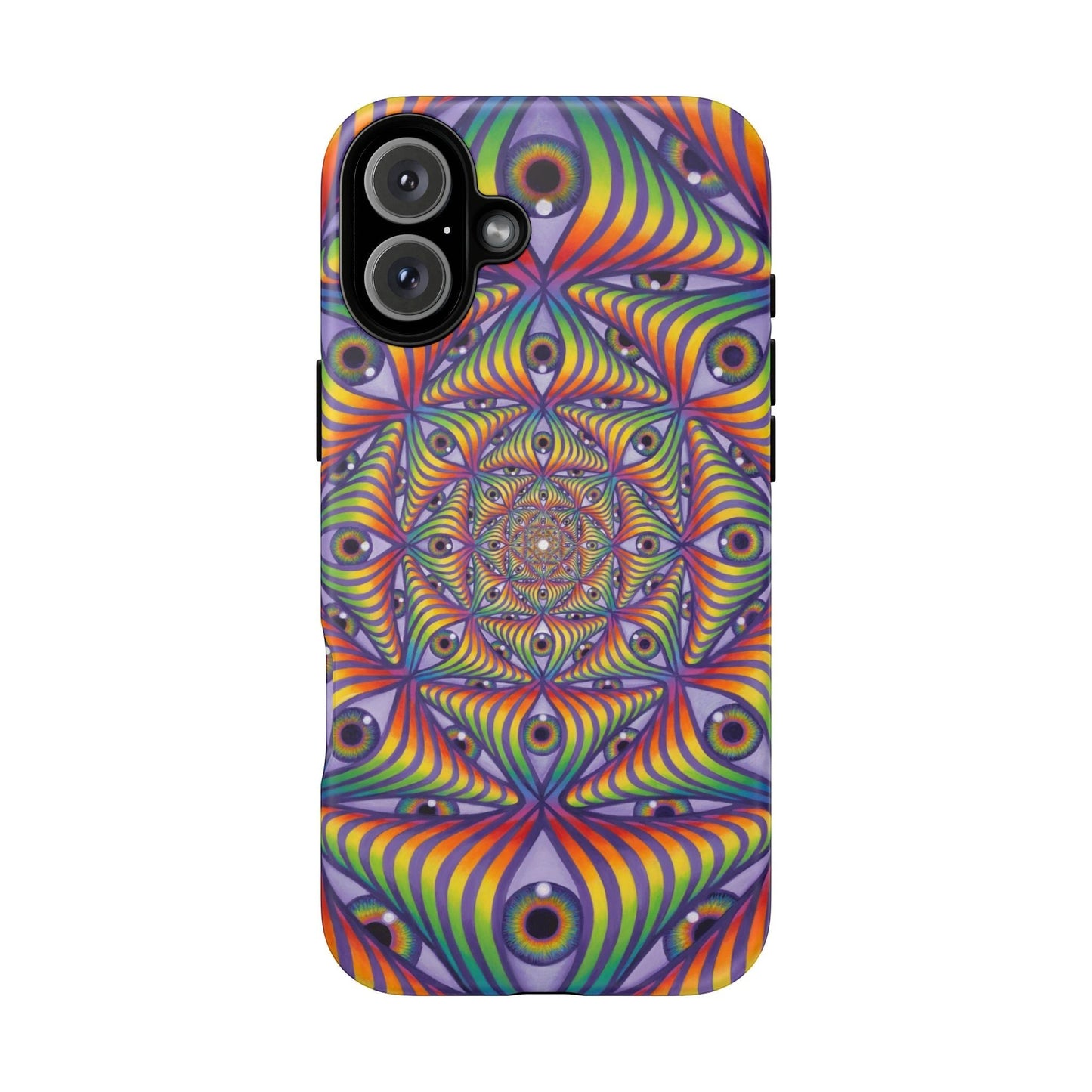 CoSM Shop Rainbow Eye Ripple dual-layer phone case with vibrant psychedelic eye pattern for iPhone and Samsung Galaxy.
