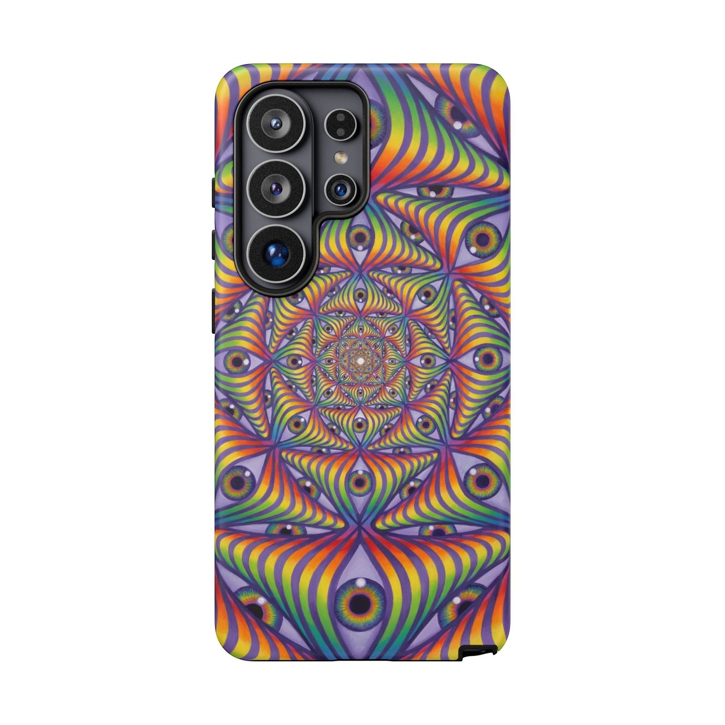 CoSM Shop Rainbow Eye Ripple phone case with dual-layer protection and vibrant psychedelic eye design.