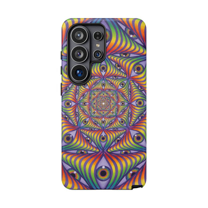 CoSM Shop Rainbow Eye Ripple phone case with dual-layer protection and vibrant psychedelic eye design.