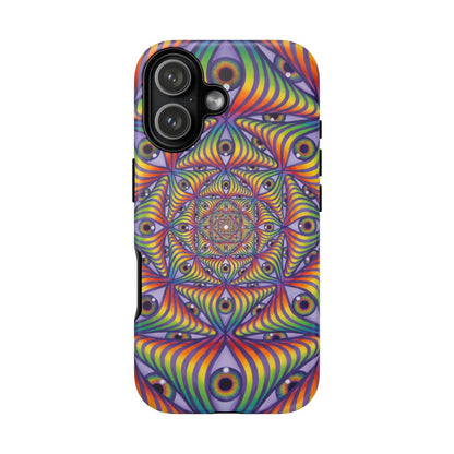 CoSM Shop Rainbow Eye Ripple dual-layer phone case with vibrant psychedelic eye pattern and rainbow stripes.