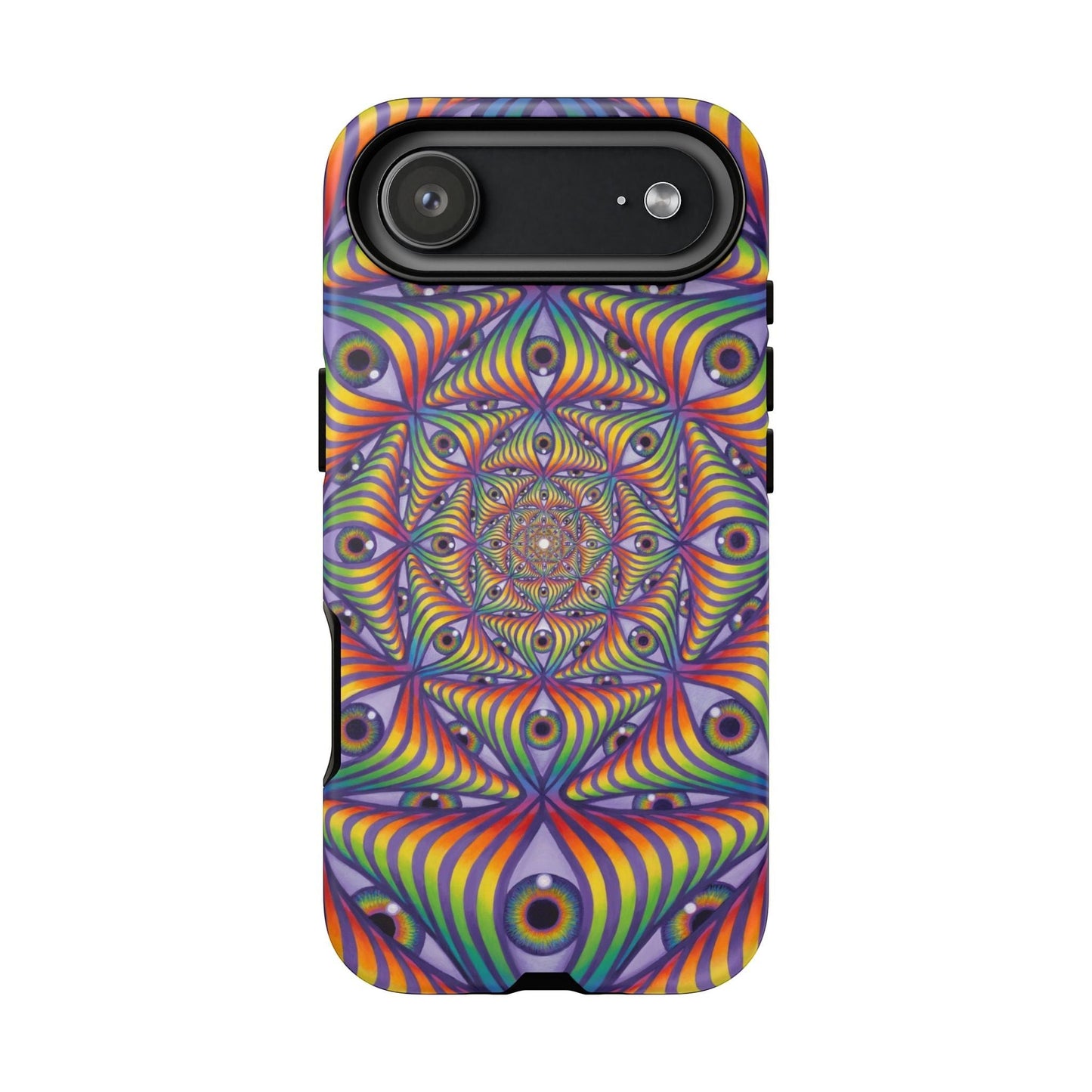 CoSM Shop Rainbow Eye Ripple phone case with dual-layer protection and vibrant psychedelic eye design.