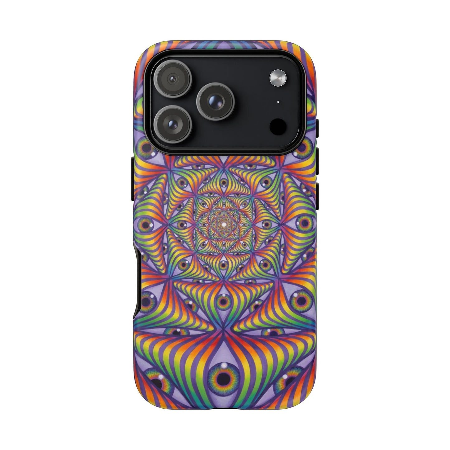 CoSM Shop Rainbow Eye Ripple phone case with dual-layer protection and vibrant psychedelic eye design.