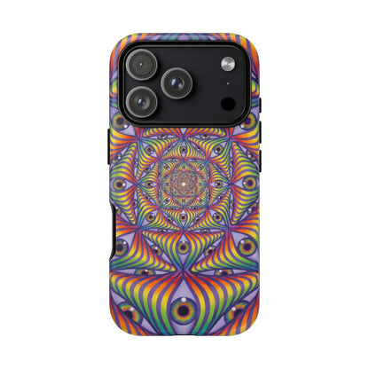 CoSM Shop Rainbow Eye Ripple phone case with dual-layer protection and vibrant psychedelic eye design.