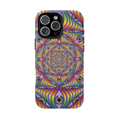 CoSM Shop Rainbow Eye Ripple dual-layer phone case with vibrant psychedelic eye pattern. Protective polycarbonate and TPU.