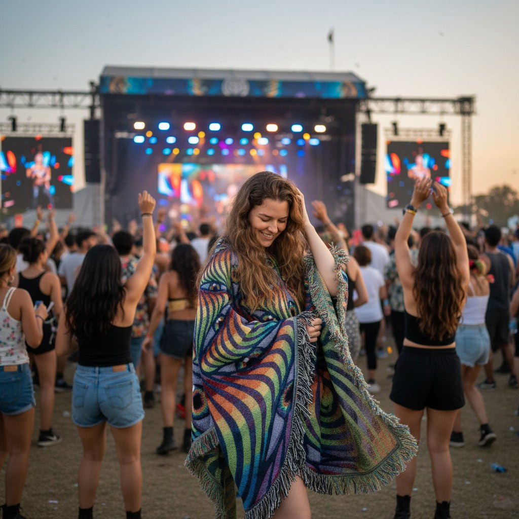 CoSM Shop Rainbow Eye Ripple poncho featuring Alex Grey artwork worn by a woman at an outdoor music festival