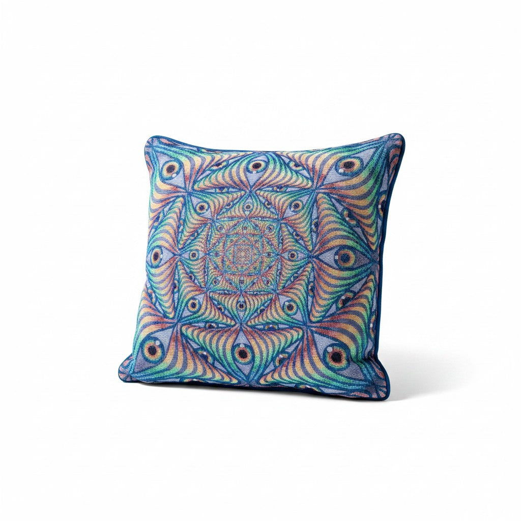 CoSM Shop Rainbow Eye Ripple woven pillow with blue trim, featuring a psychedelic eye pattern in rainbow colors.