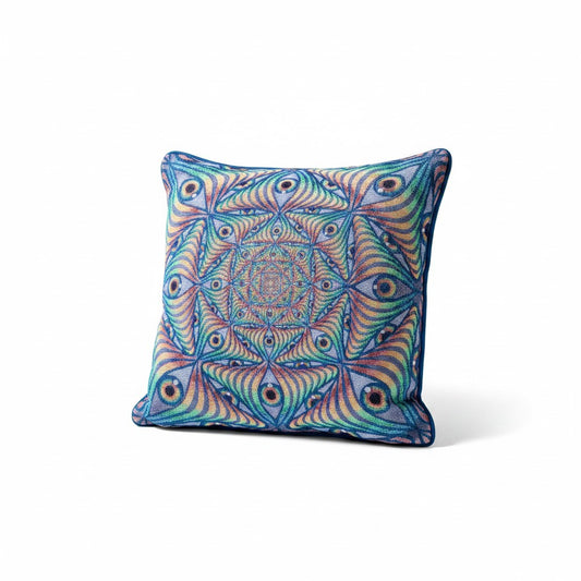 CoSM Shop Rainbow Eye Ripple woven pillow with blue trim, featuring a psychedelic eye pattern in rainbow colors.