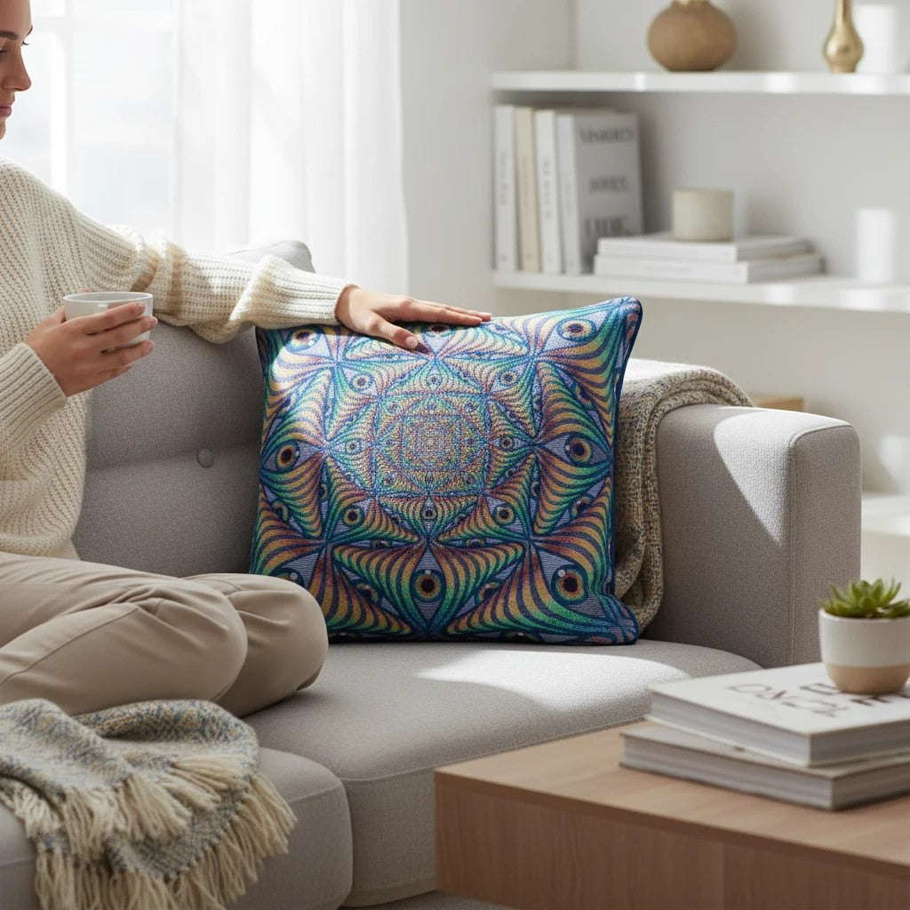 CoSM Shop Rainbow Eye Ripple woven pillow with intricate eye pattern in blue, green, yellow, and orange. Made from recycled cotton.