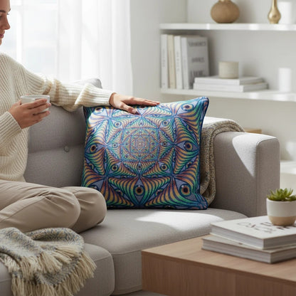 CoSM Shop Rainbow Eye Ripple woven pillow with intricate eye pattern in blue, green, yellow, and orange. Made from recycled cotton.