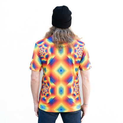 CoSM Shop men's short-sleeve dye-sub t-shirt with a vibrant rainbow geometric fractal print. Made of polyester.