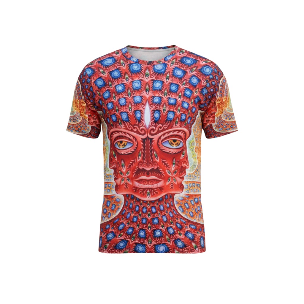 CoSM Shop men's red all-over print dye-sub t-shirt with a face and eye design, made of polyester.