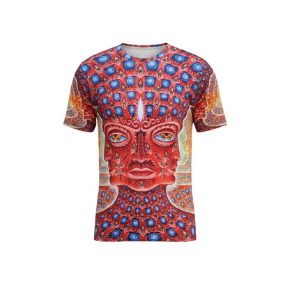 CoSM Shop men's red all-over print dye-sub t-shirt with a face and eye design, made of polyester.