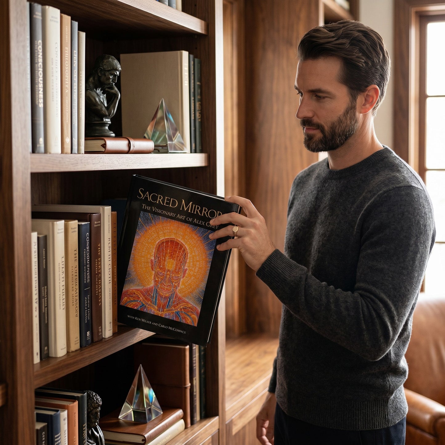 CoSM Shop Sacred Mirrors book featuring visionary art by Alex Grey, with texts by Ken Wilber and Carlo McCormick. 100 pages, 50 color plates.