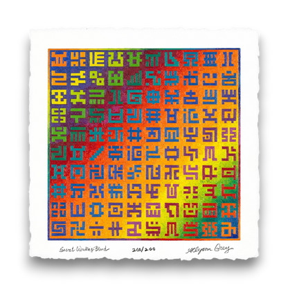 CoSM Shop Secret Writing Blend limited edition print on 100% cotton stock, featuring a rainbow gradient background with colorful symbols.