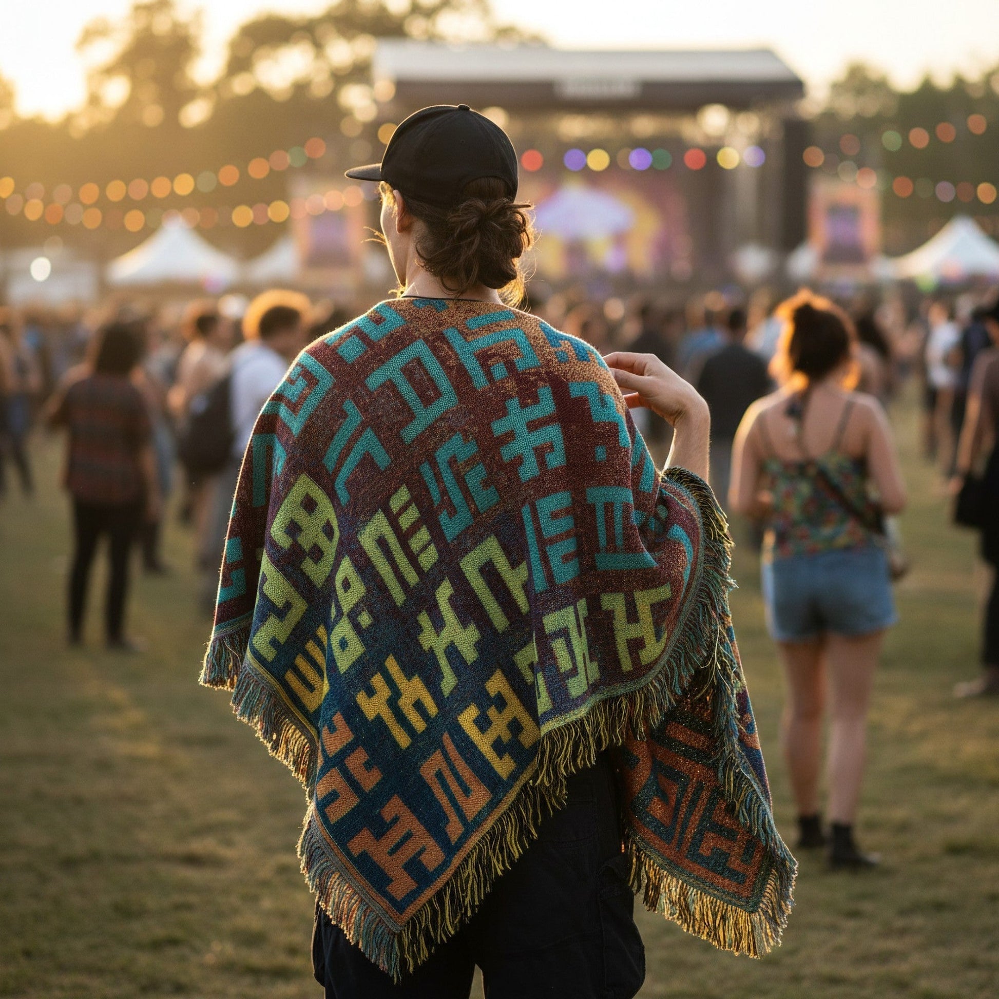 CoSM Shop Secret Writing Blend poncho featuring Allyson Grey art, worn by a person at an outdoor festival.