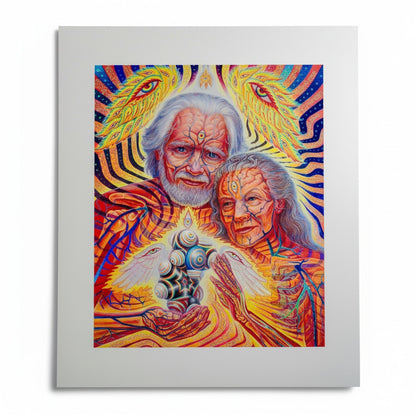 CoSM Shop textured foil print of Sasha and Ann Shulgin with angelic wings and molecule art in vibrant warm tones.