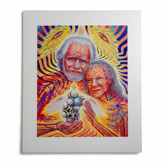 CoSM Shop textured foil print of Sasha and Ann Shulgin with angelic wings and molecule art in vibrant warm tones.