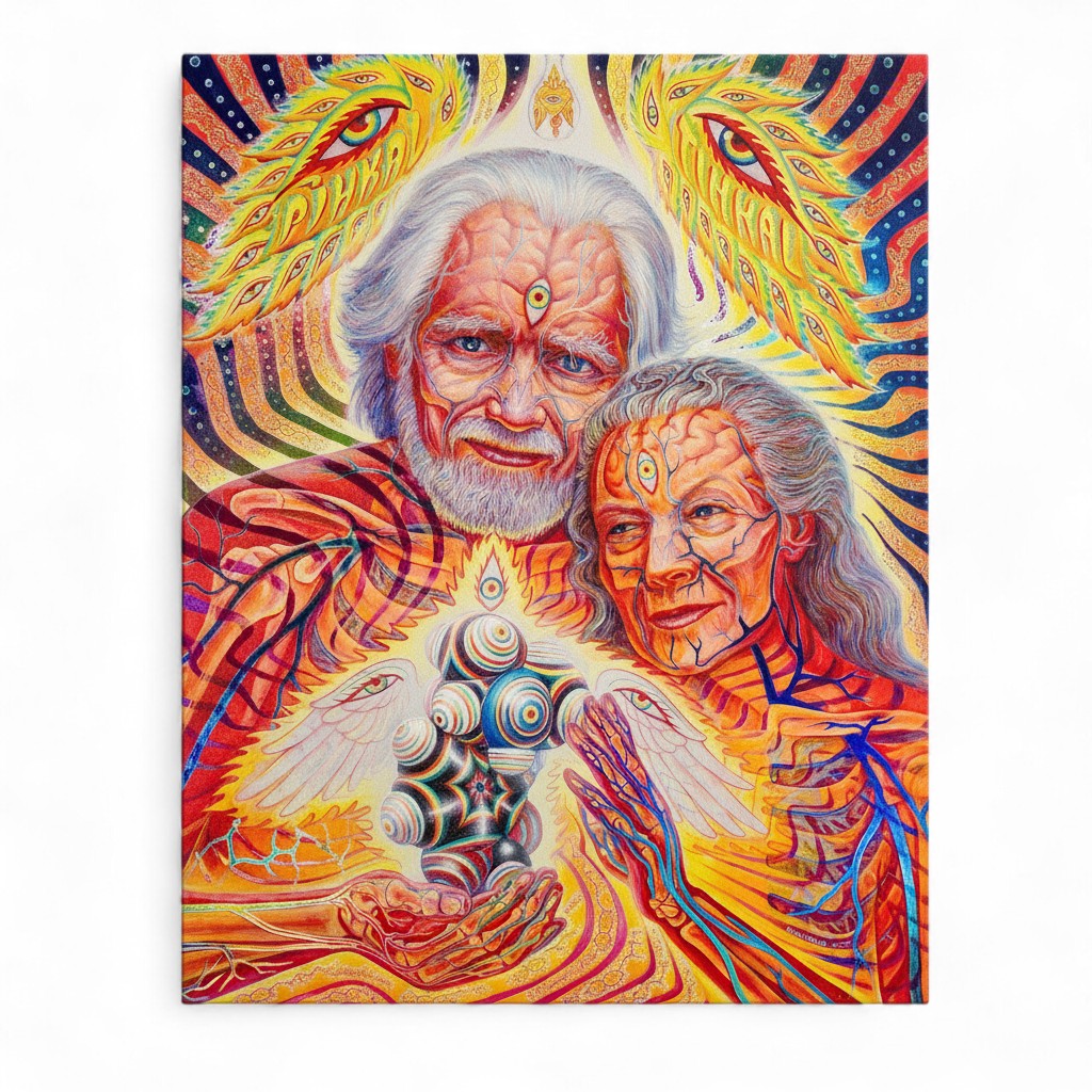 CoSM Shop metal print of Alex Grey's The Shulgins and their Alchemical Angels with vibrant psychedelic foil textures.