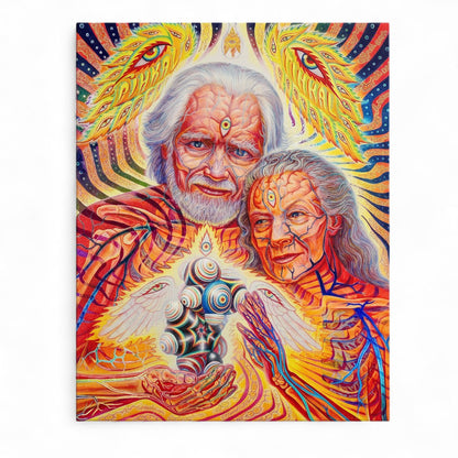 CoSM Shop metal print of Alex Grey's The Shulgins and their Alchemical Angels with vibrant psychedelic foil textures.