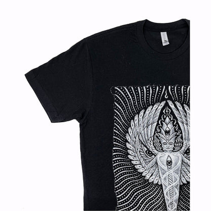CoSM Shop black 100% cotton short sleeve tee with Alex Grey's Solstice Angel graphic print.