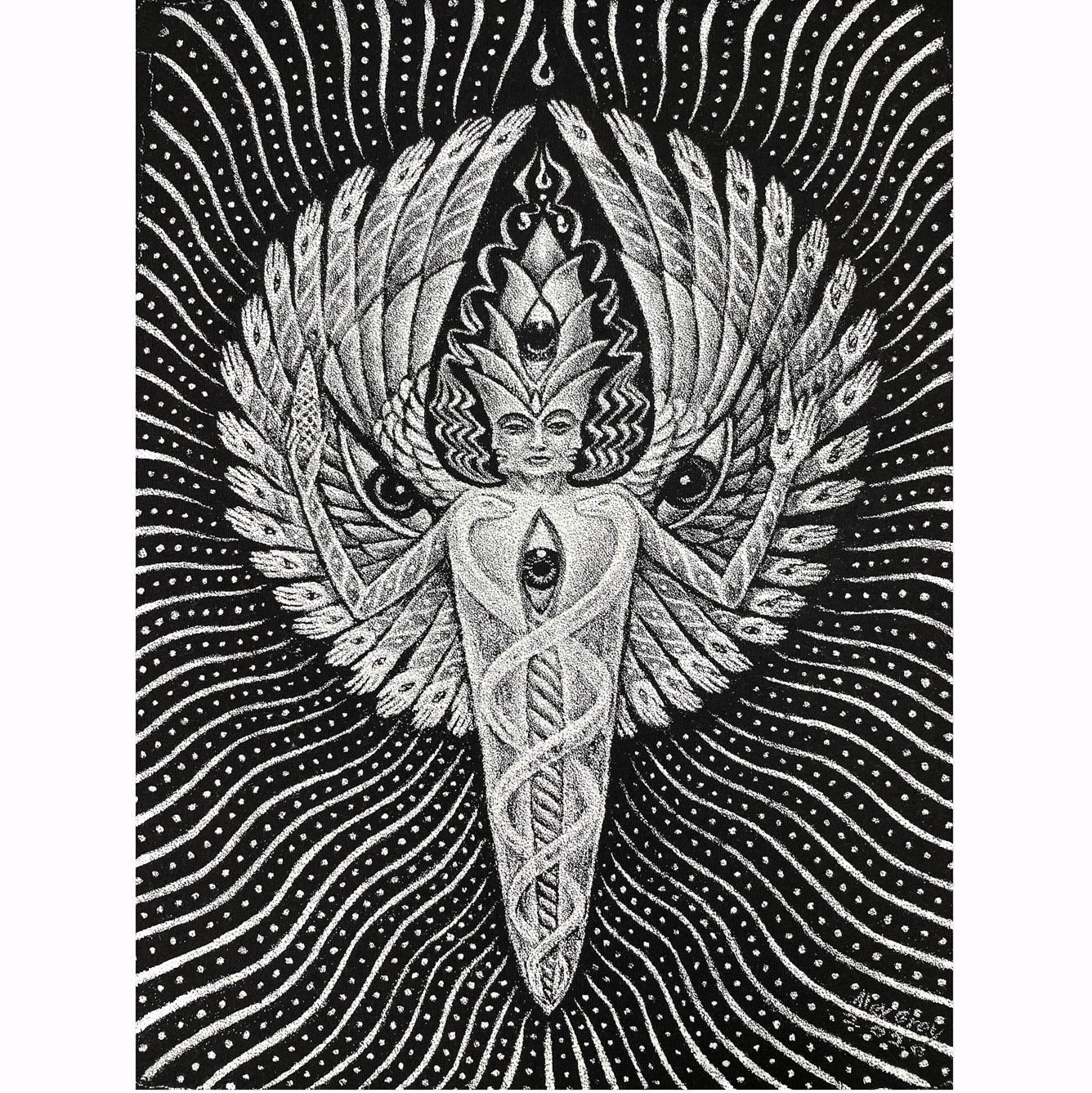 CoSM Shop black 100% cotton short sleeve tee with Alex Grey's Solstice Angel graphic print.