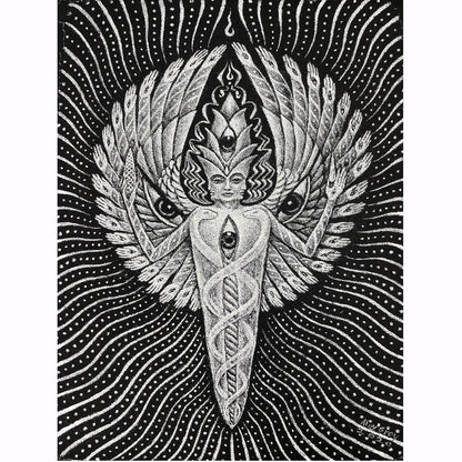 CoSM Shop black 100% cotton short sleeve tee with Alex Grey's Solstice Angel graphic print.