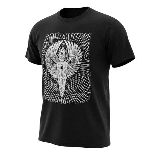 CoSM Shop black 100% cotton short sleeve tee with Alex Grey's Solstice Angel graphic print.