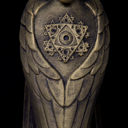CoSM Shop Soulbird sculpture by Alex Grey & Allyson Grey, hand-painted bronze finish with intricate winged design and sacred geometry symbol.