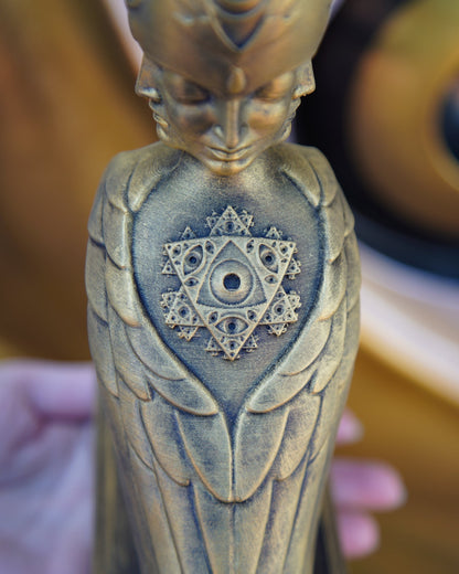 CoSM Shop Soulbird sculpture by Alex Grey, hand-painted gold finish, 10" tall, limited edition with intricate winged angel and all-seeing eye design.
