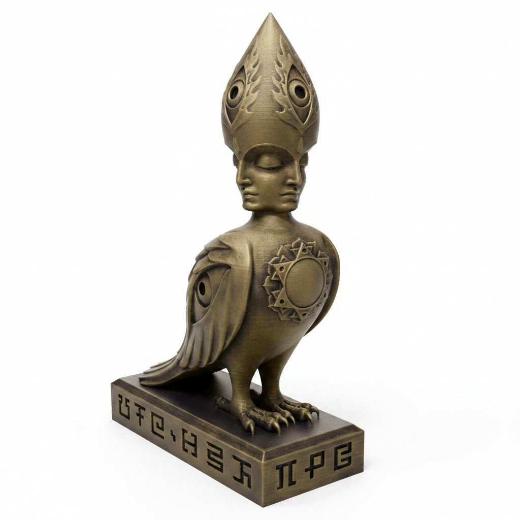 CoSM Shop Soulbird sculpture: a golden, hand-painted bird with a four-faced angel head and eye motifs on wings.