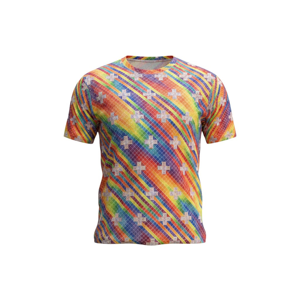 CoSM Shop men's short-sleeve performance polyester t-shirt with a rainbow spectral rain all-over print and white cross pattern.
