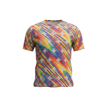 CoSM Shop men's short-sleeve performance polyester t-shirt with a rainbow spectral rain all-over print and white cross pattern.