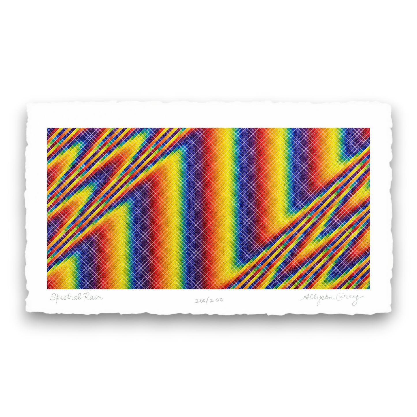 CoSM Shop Spectral Wave paper print featuring a rainbow gradient with diagonal lines and a grid pattern. Signed and numbered.