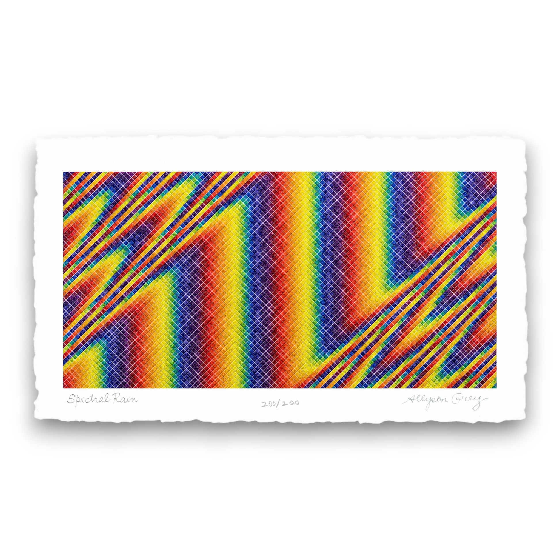 CoSM Shop Spectral Wave paper print featuring a rainbow gradient with diagonal lines and a grid pattern. Signed and numbered.